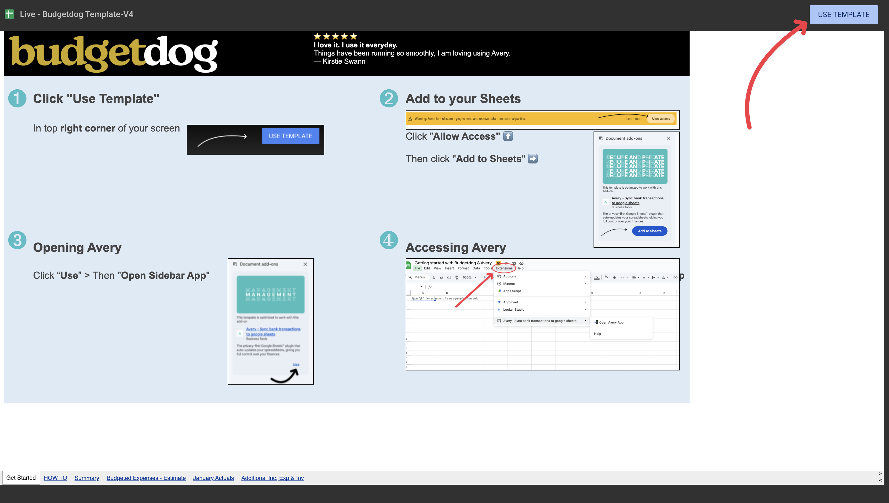 Budgetdog template preview with the Use Template button in the top right