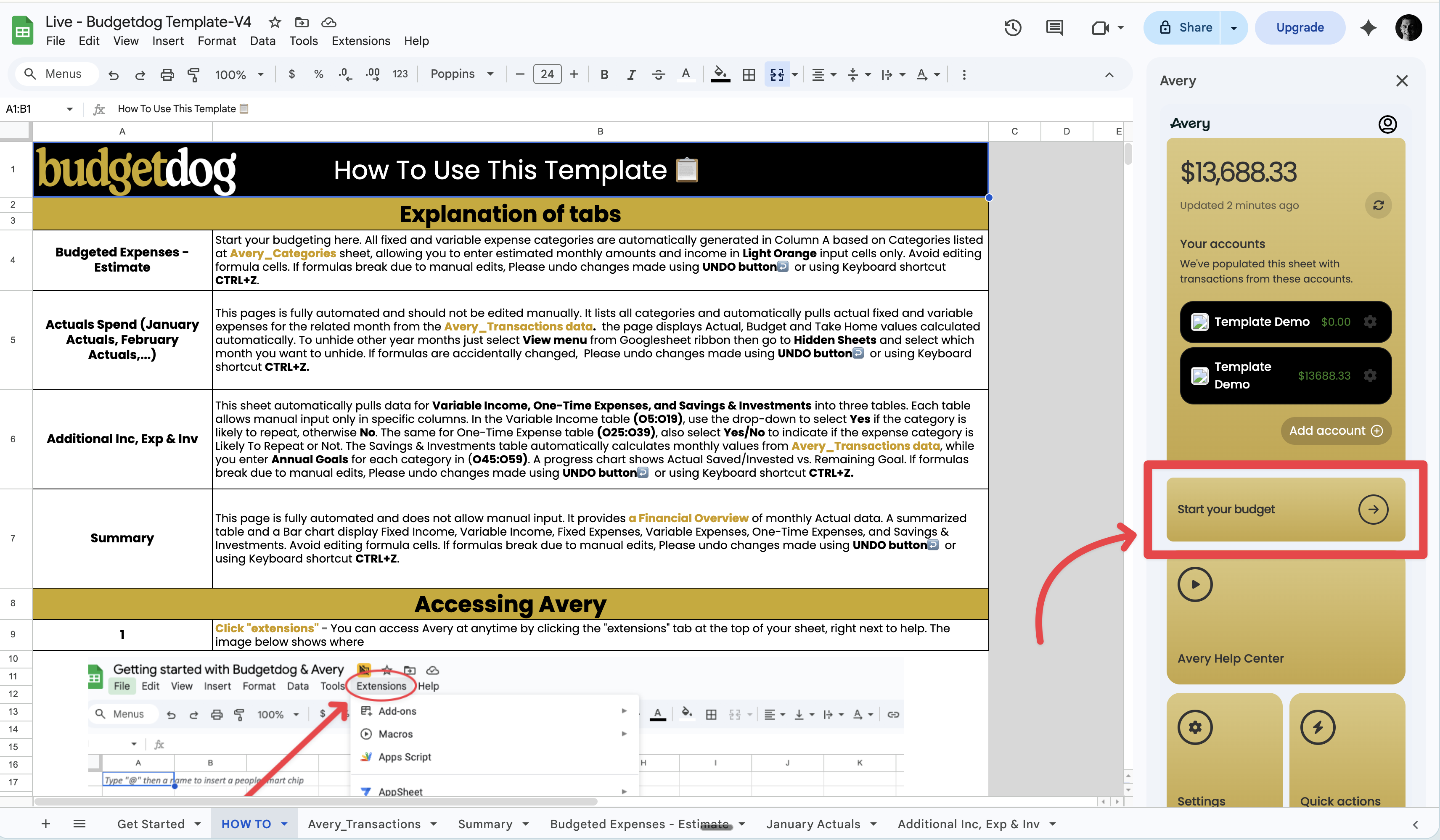 Avery sidebar after accounts are linked and transactions are imported, showing the Set up your sheet option