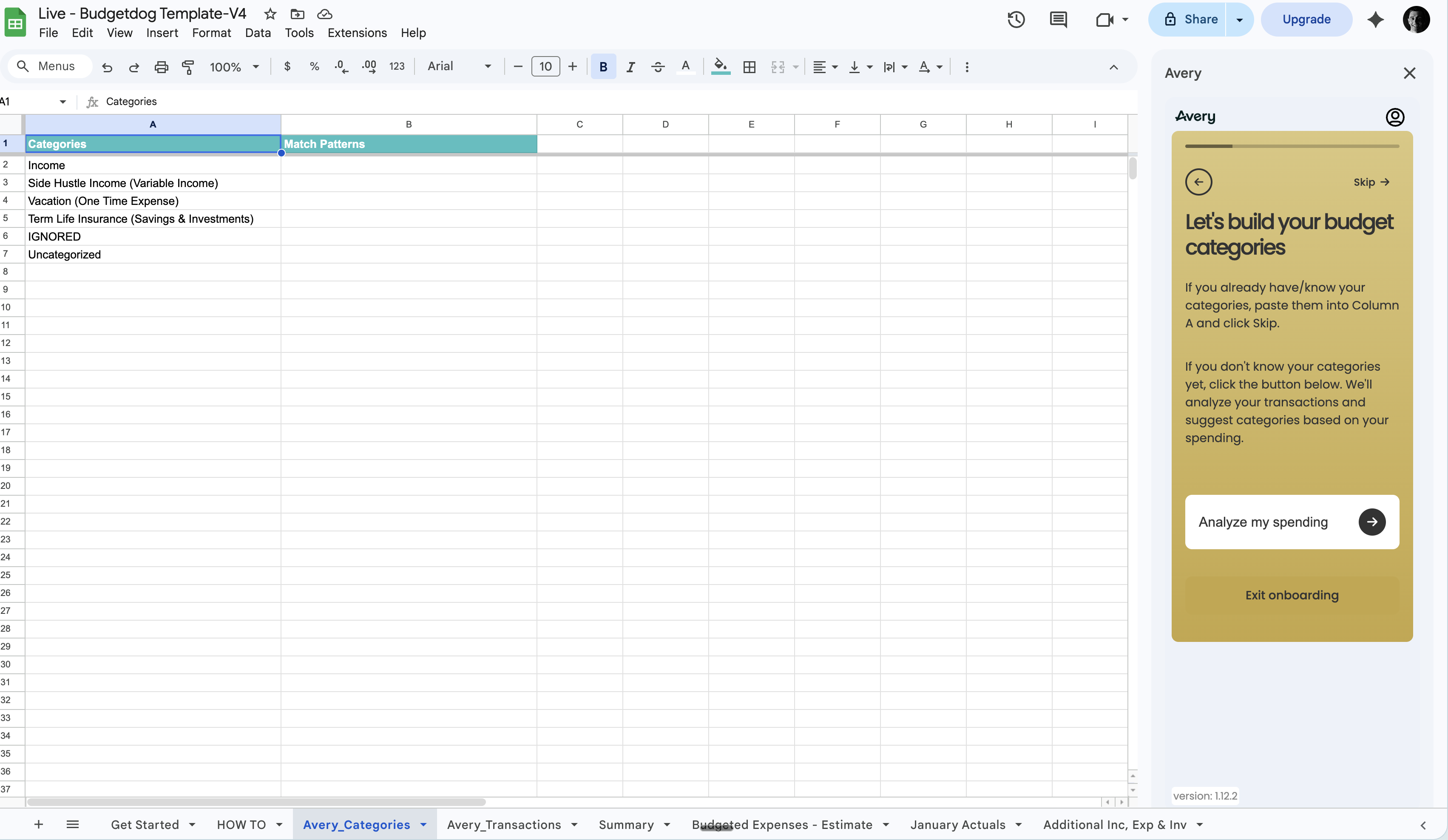 Avery categories setup screen showing required default categories and options to add more