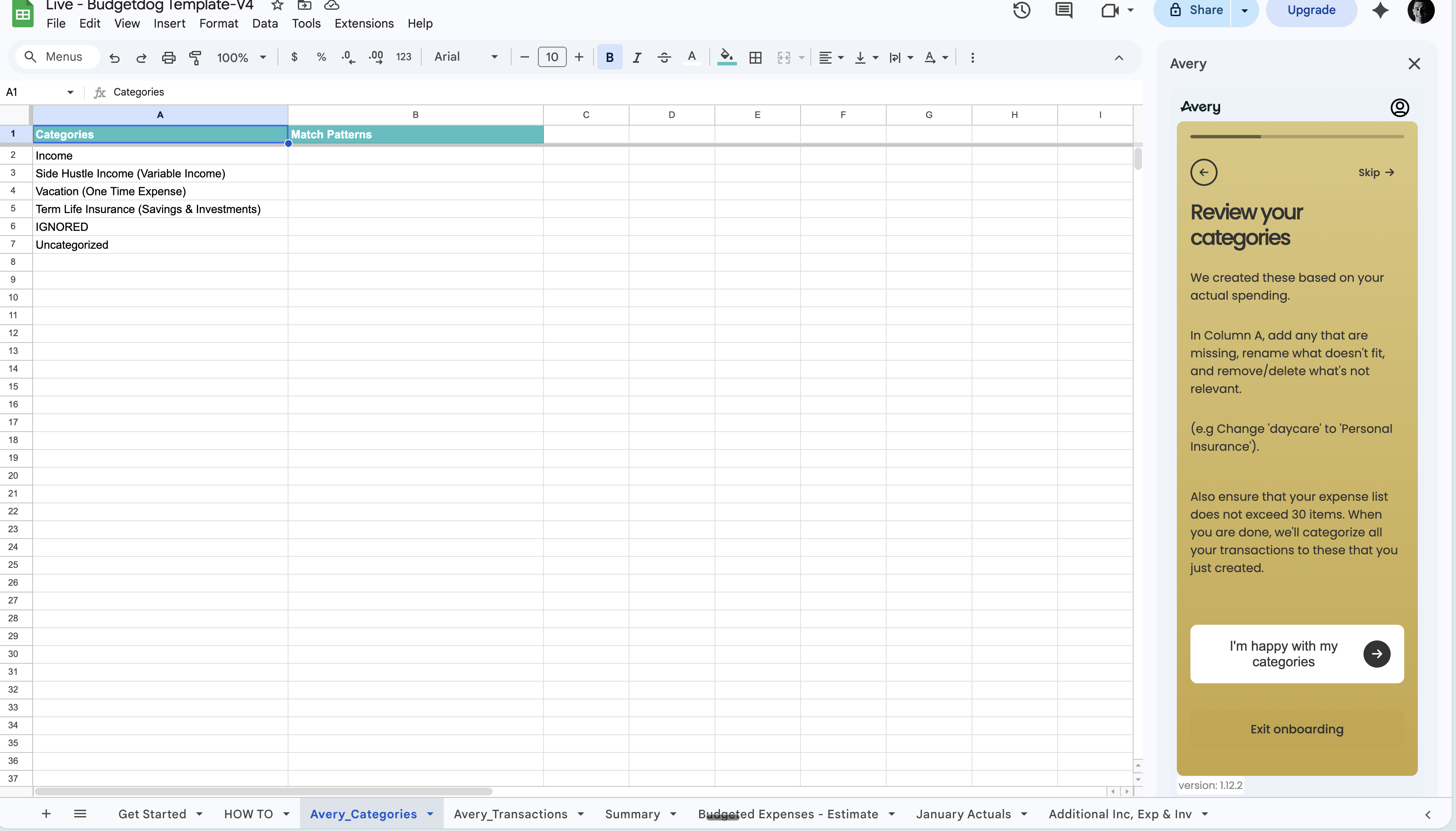 Avery setup flow showing the next category setup stage after continuing