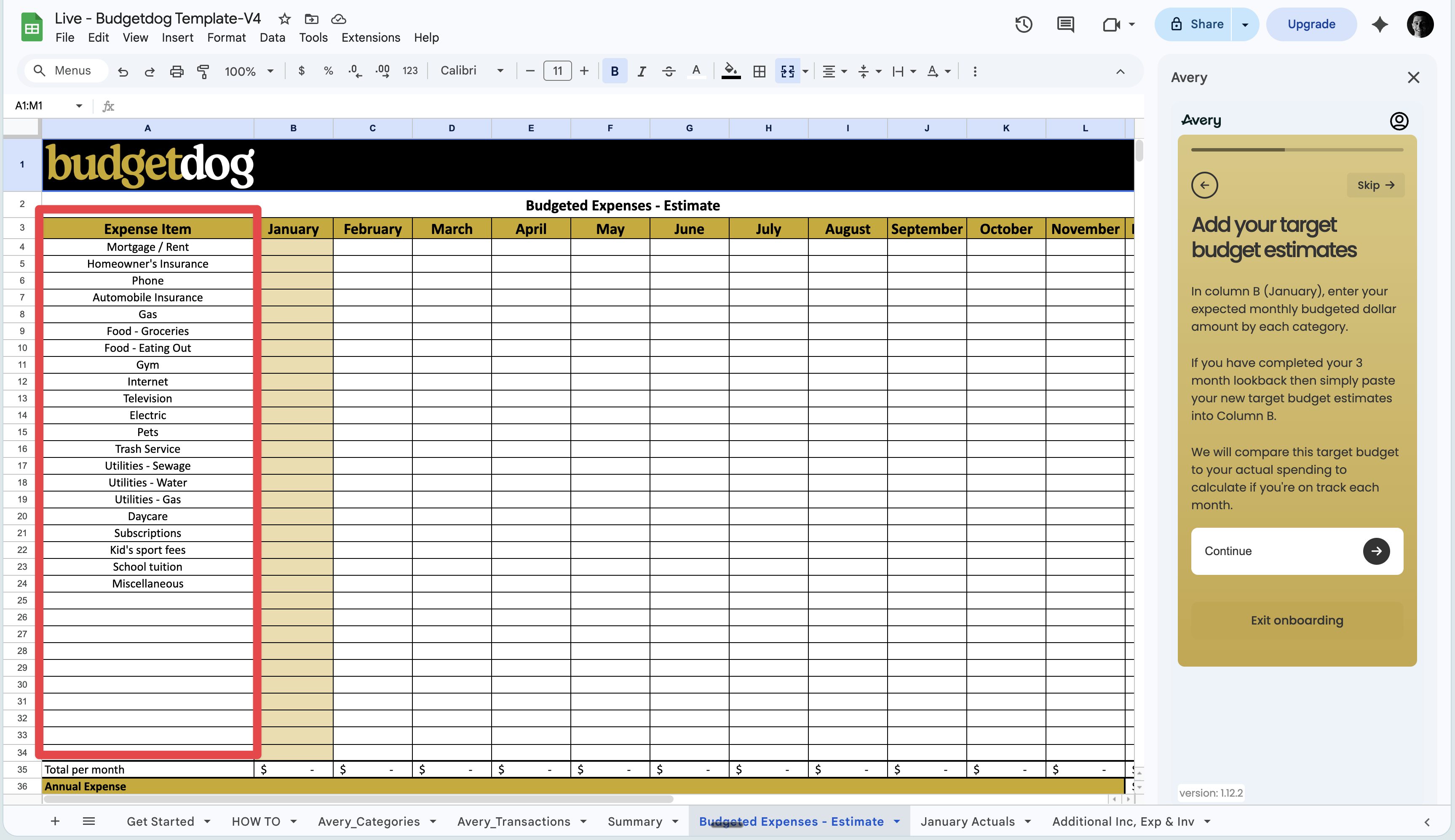 Avery setup screen for entering budget targets by category