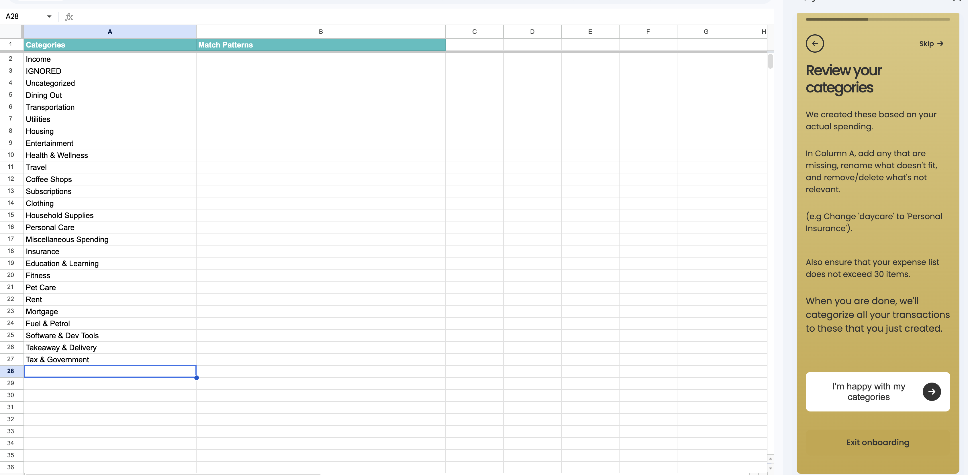 Reviewed category list with the I'm happy with my categories button visible