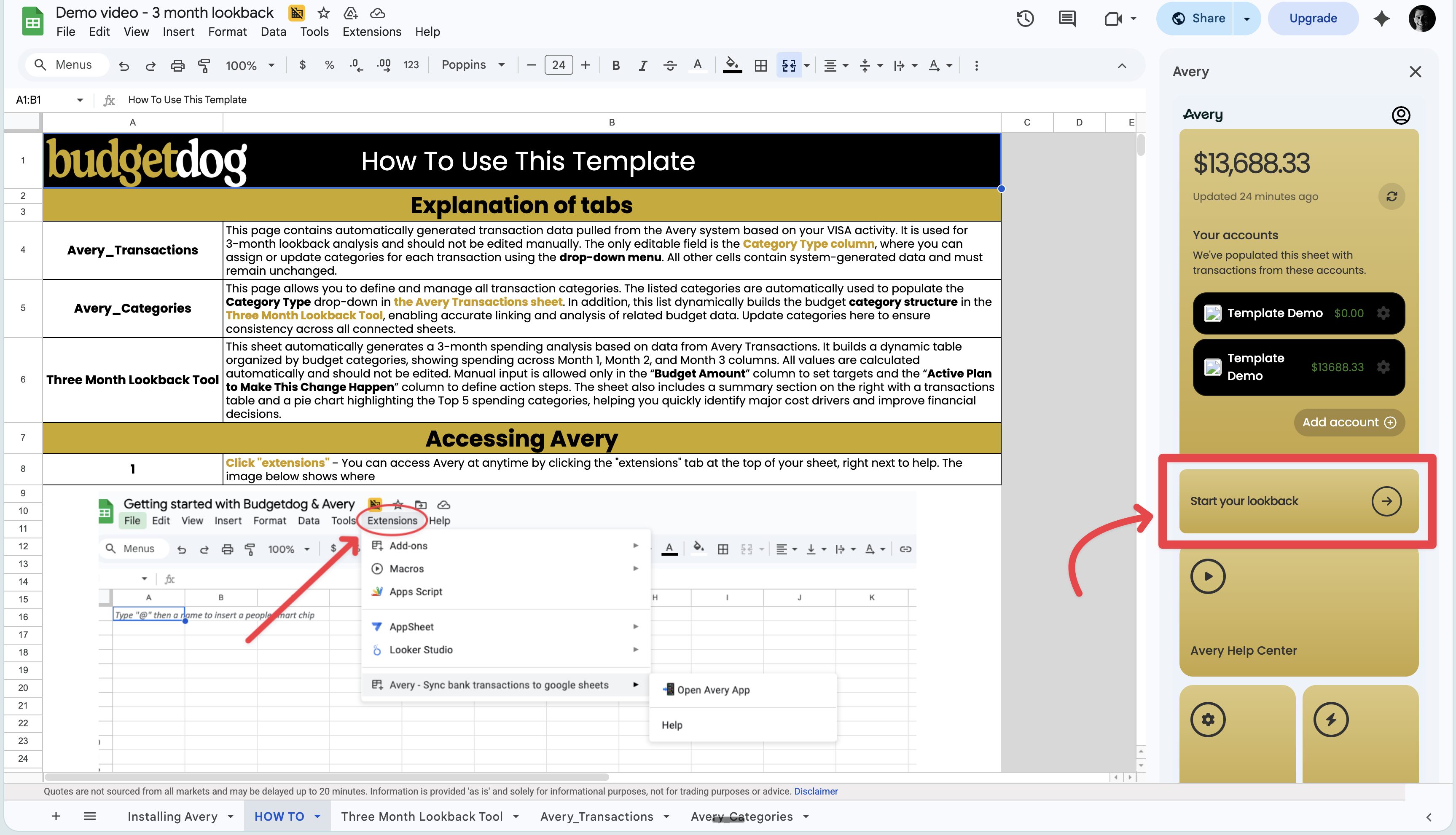 Avery open in the Google Sheets sidebar with the Start your lookback button visible