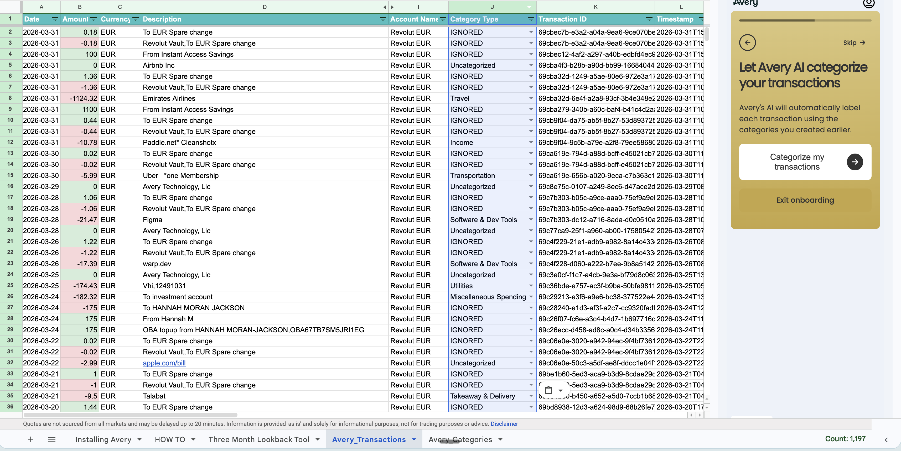 Avery Transactions tab after categories have been applied to transactions