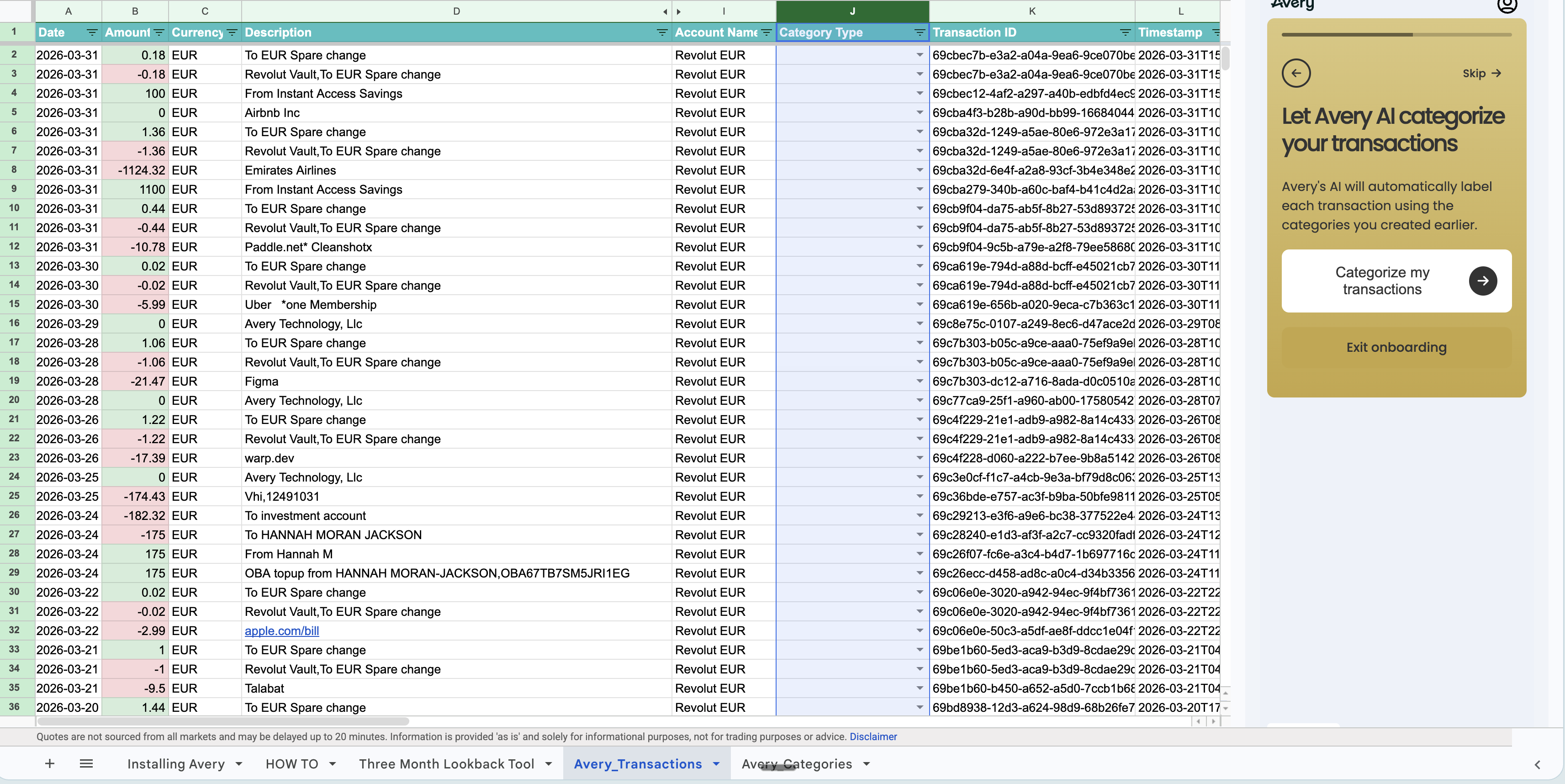 Avery Transactions tab before categorization with the Categorize my transactions button visible