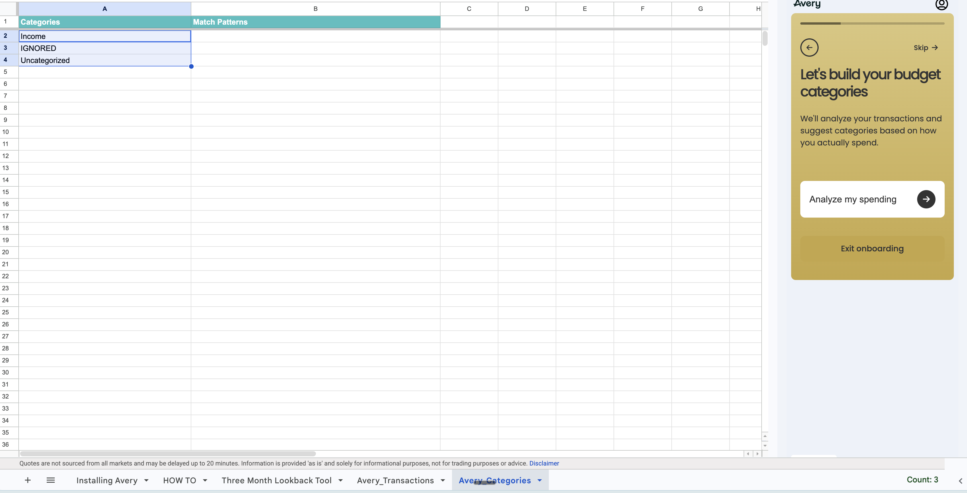 Avery Categories tab with the Analyze my spending button visible