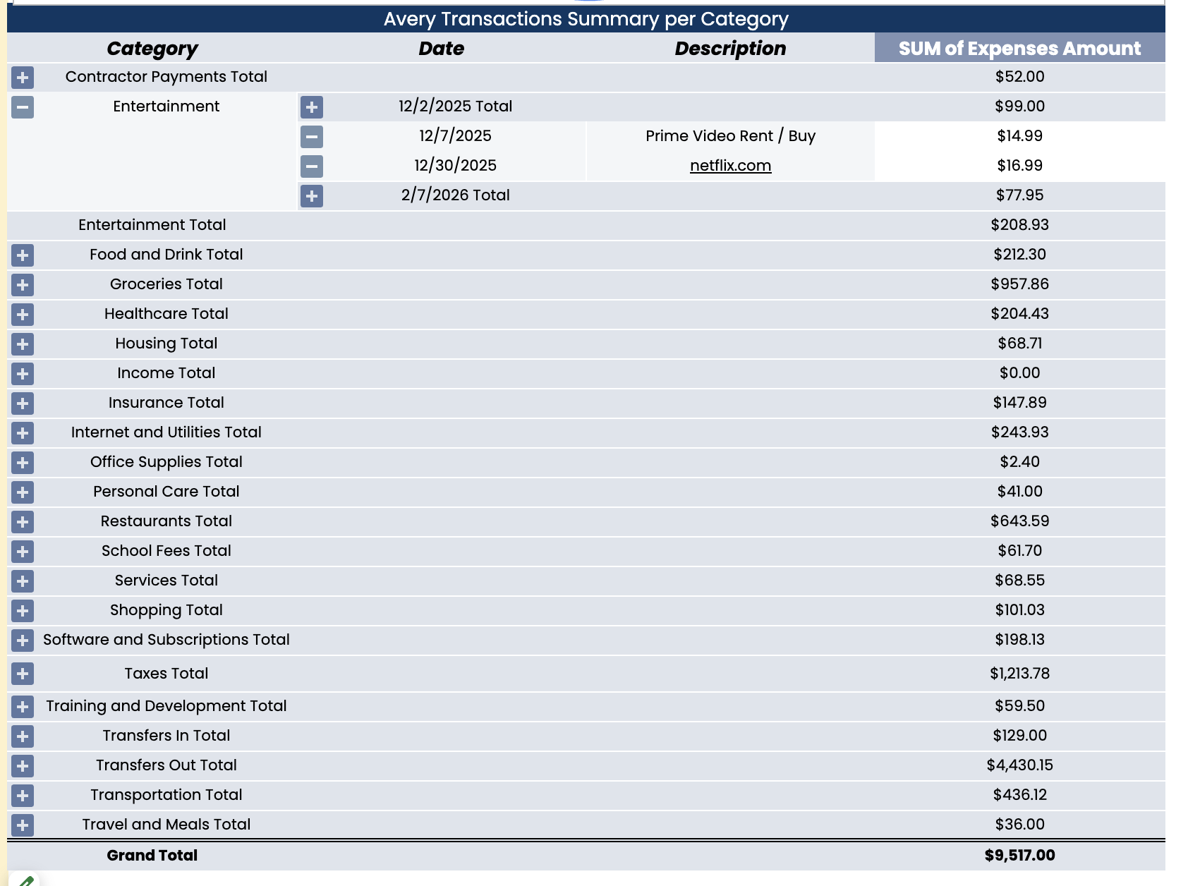 Expanded category view showing the transactions inside a category