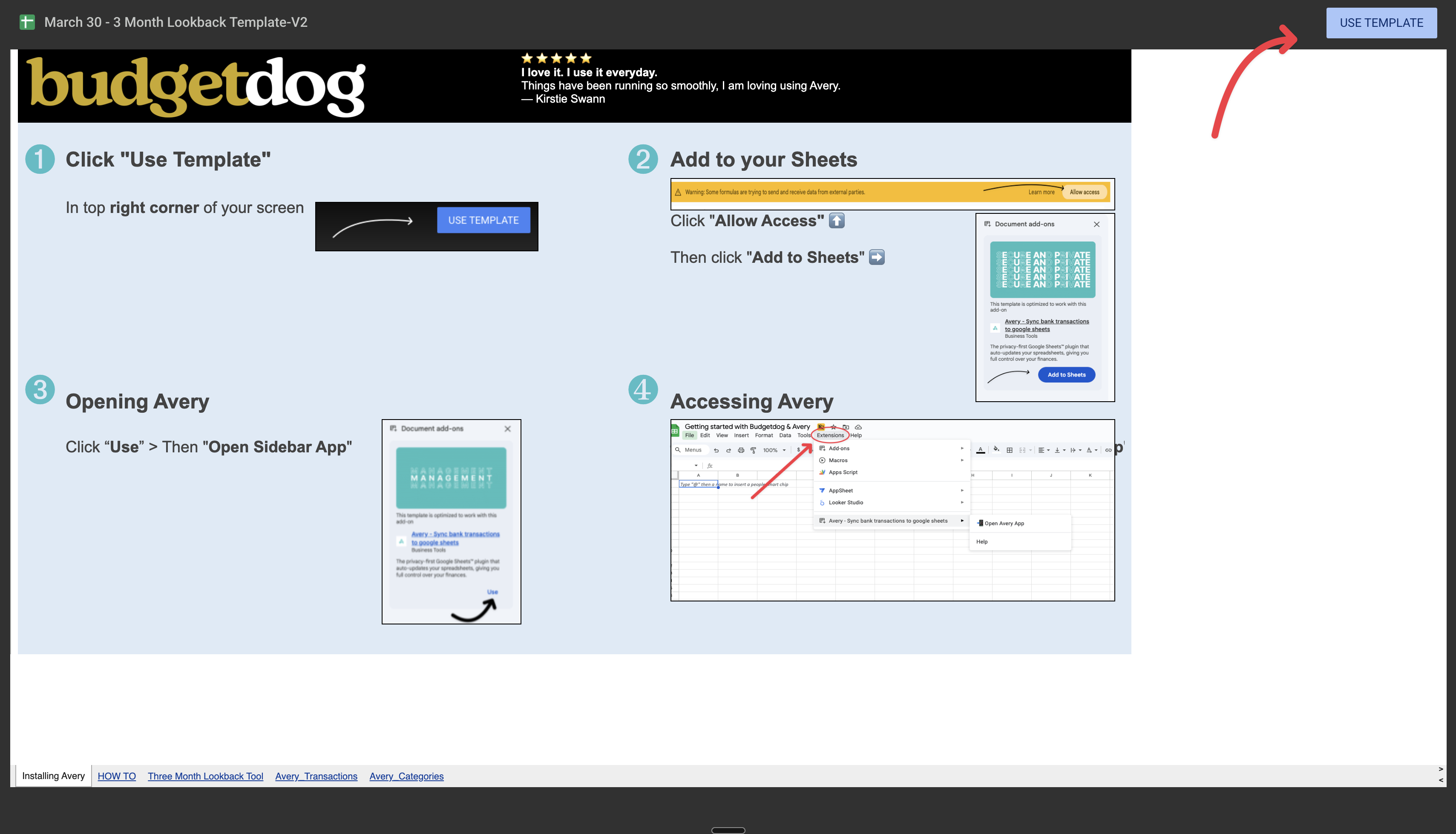 3 month lookback template preview with the Use Template button visible