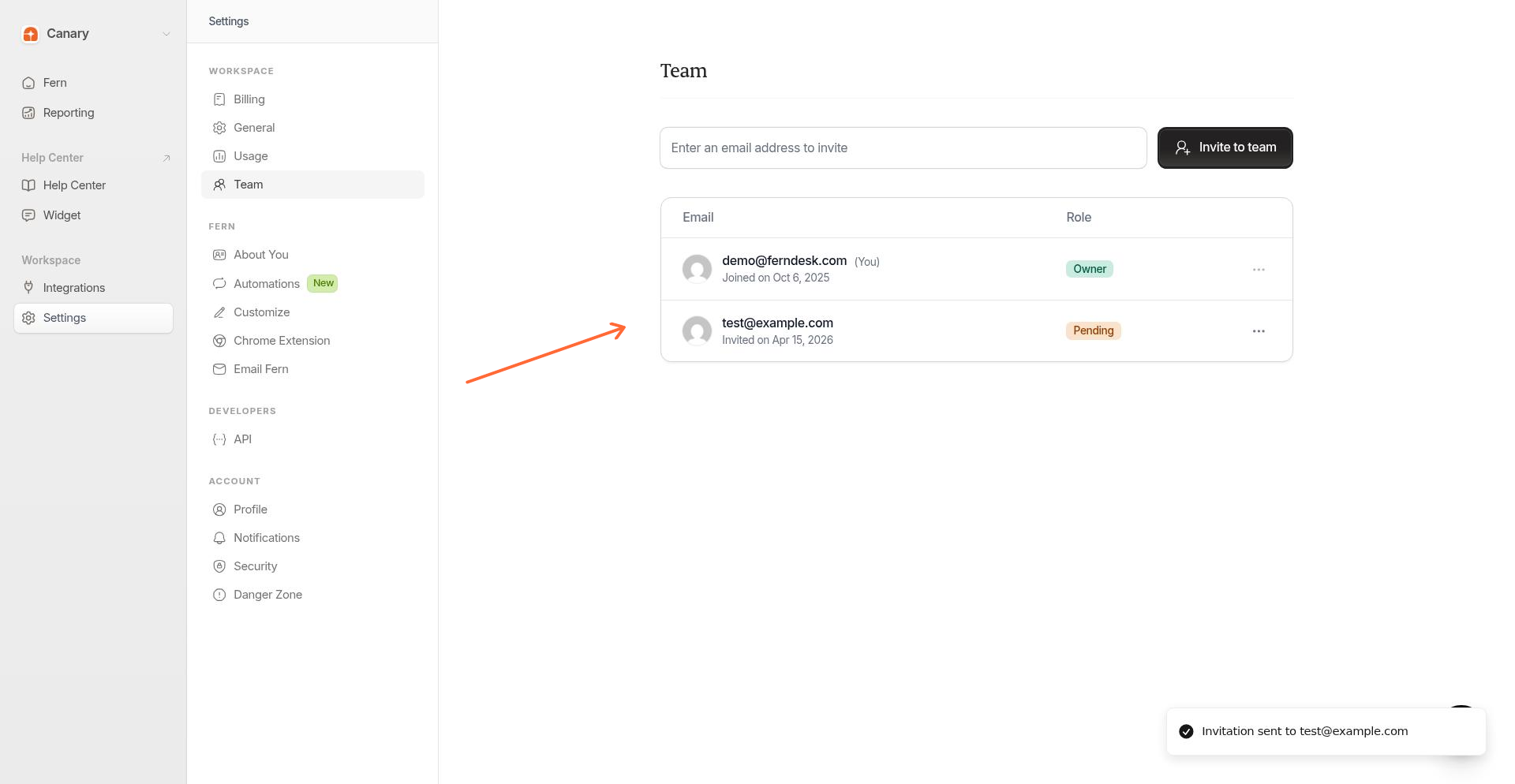 Pending invitation in team list