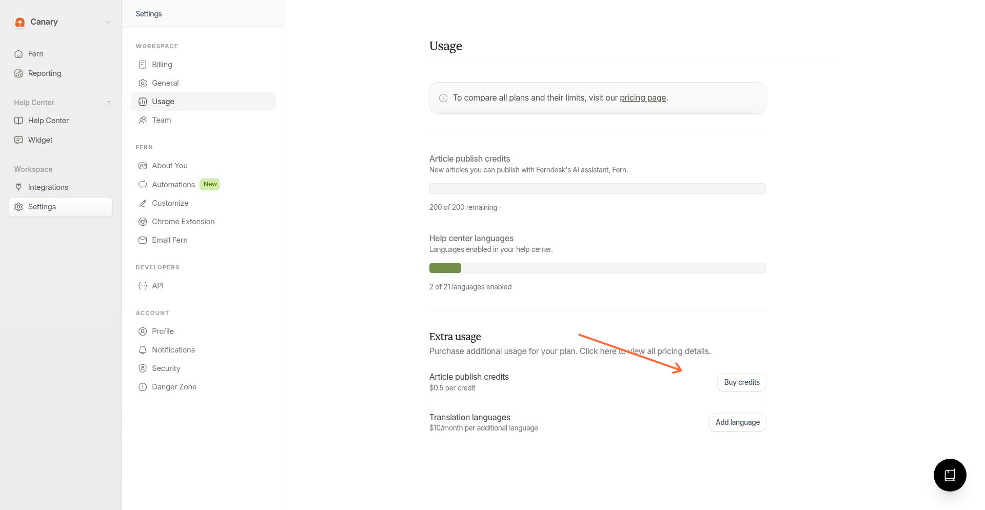 Usage page with Buy credits button highlighted