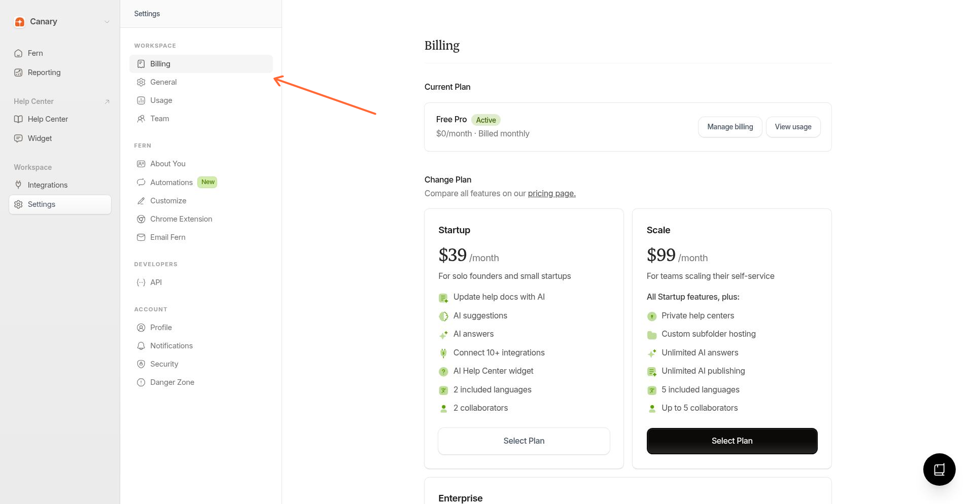 Settings sidebar showing Billing and Usage menu items