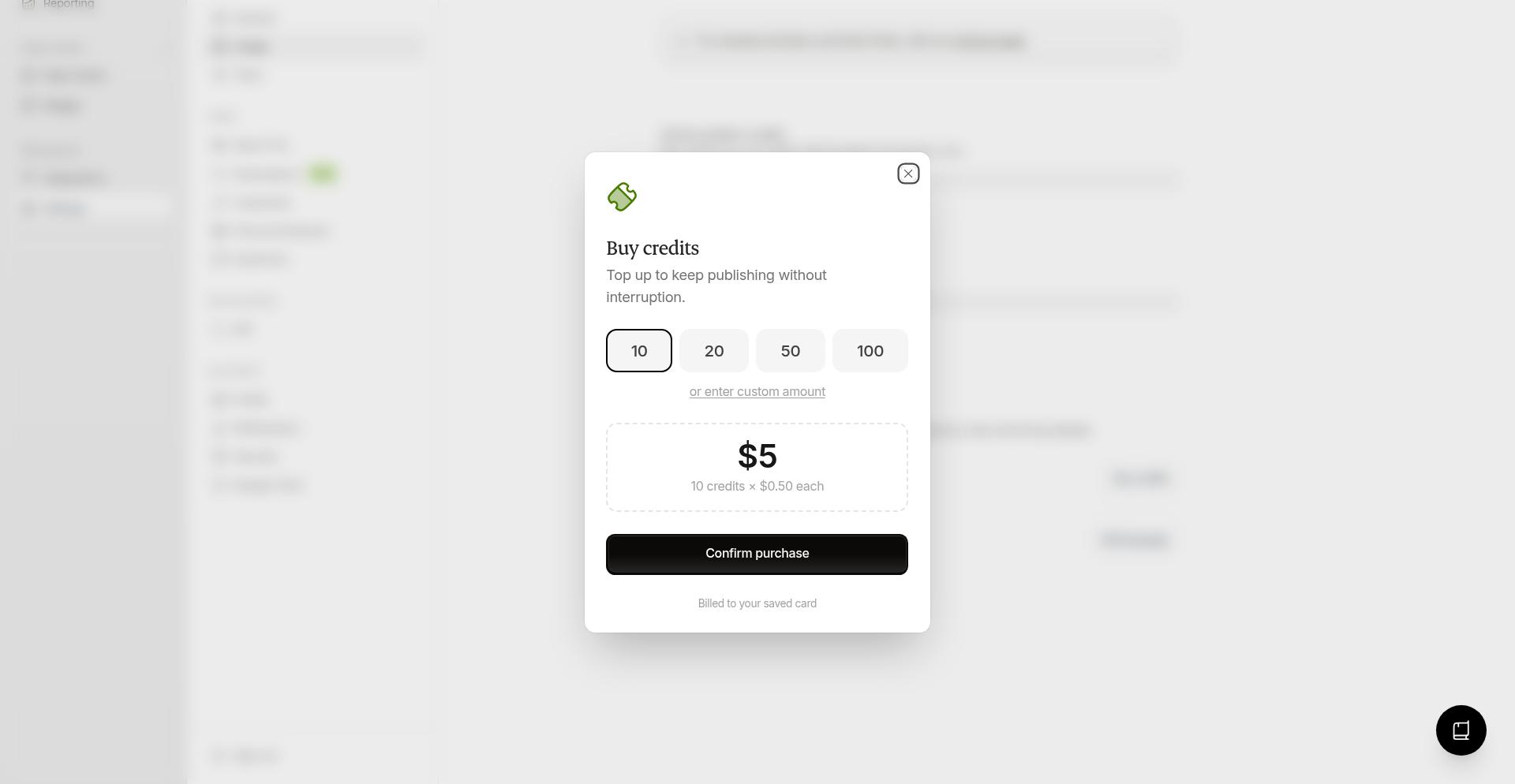 Buy credits dialog showing quantity selection