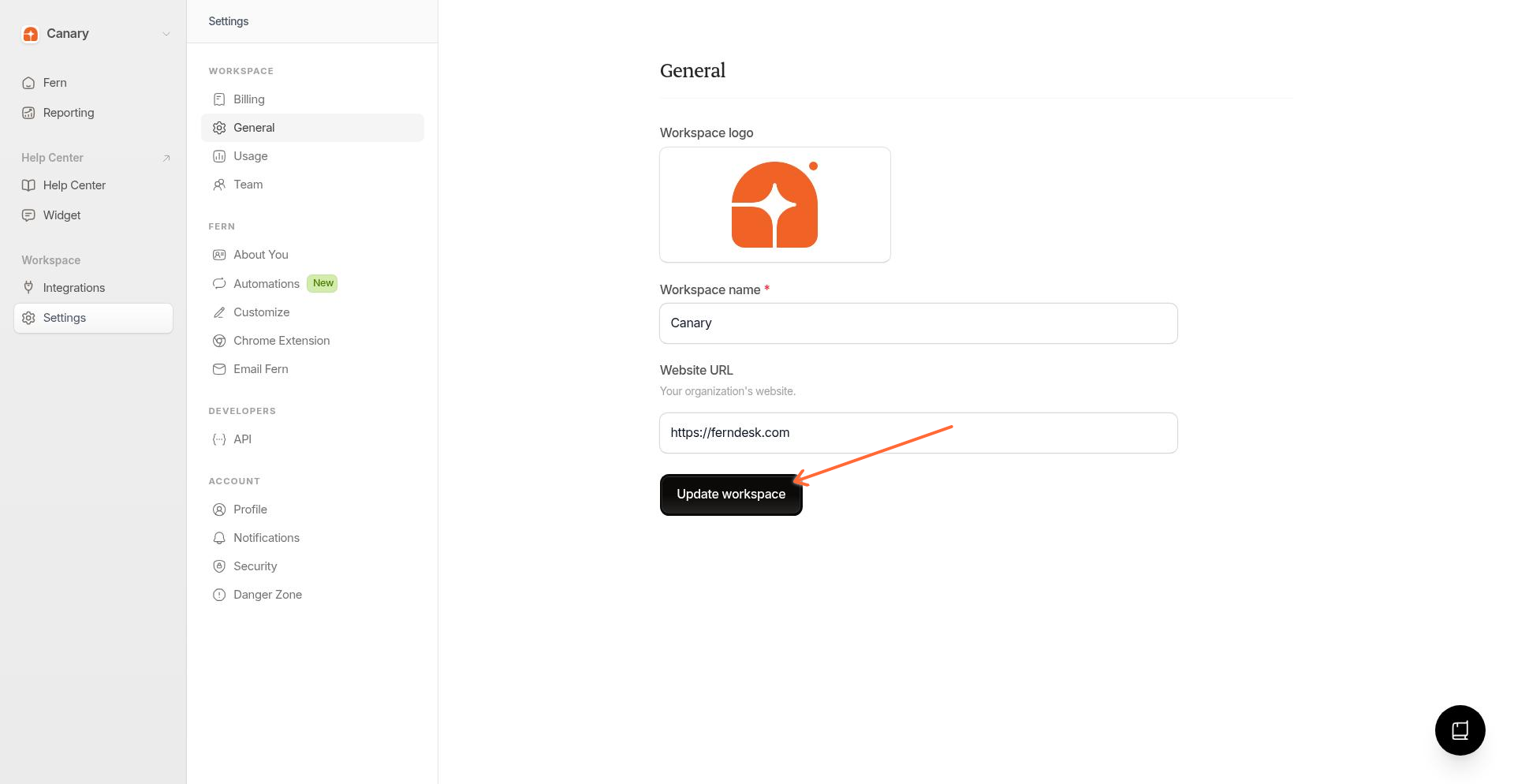General settings page showing workspace name and website URL fields