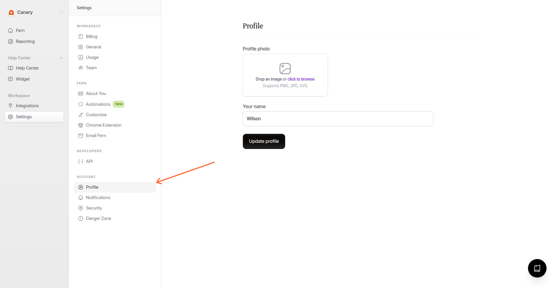 Profile page showing Your name field and Profile photo upload area