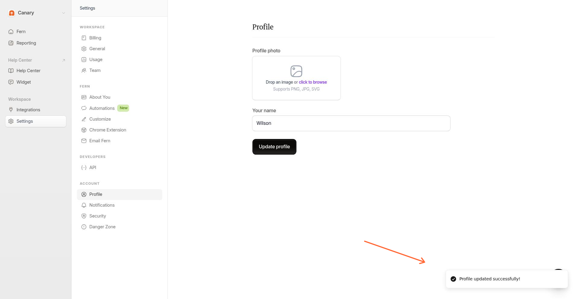 Success toast showing Profile updated successfully