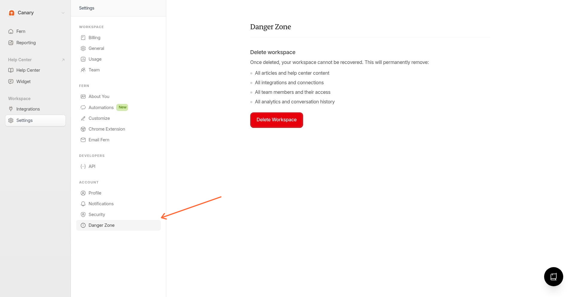 Danger Zone page showing Delete workspace warning and button
