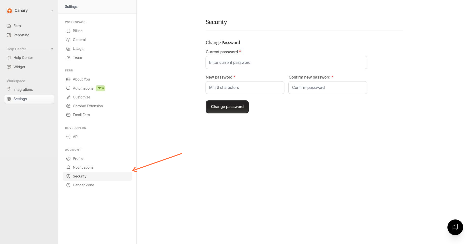 Settings sidebar with Security highlighted in the Account section