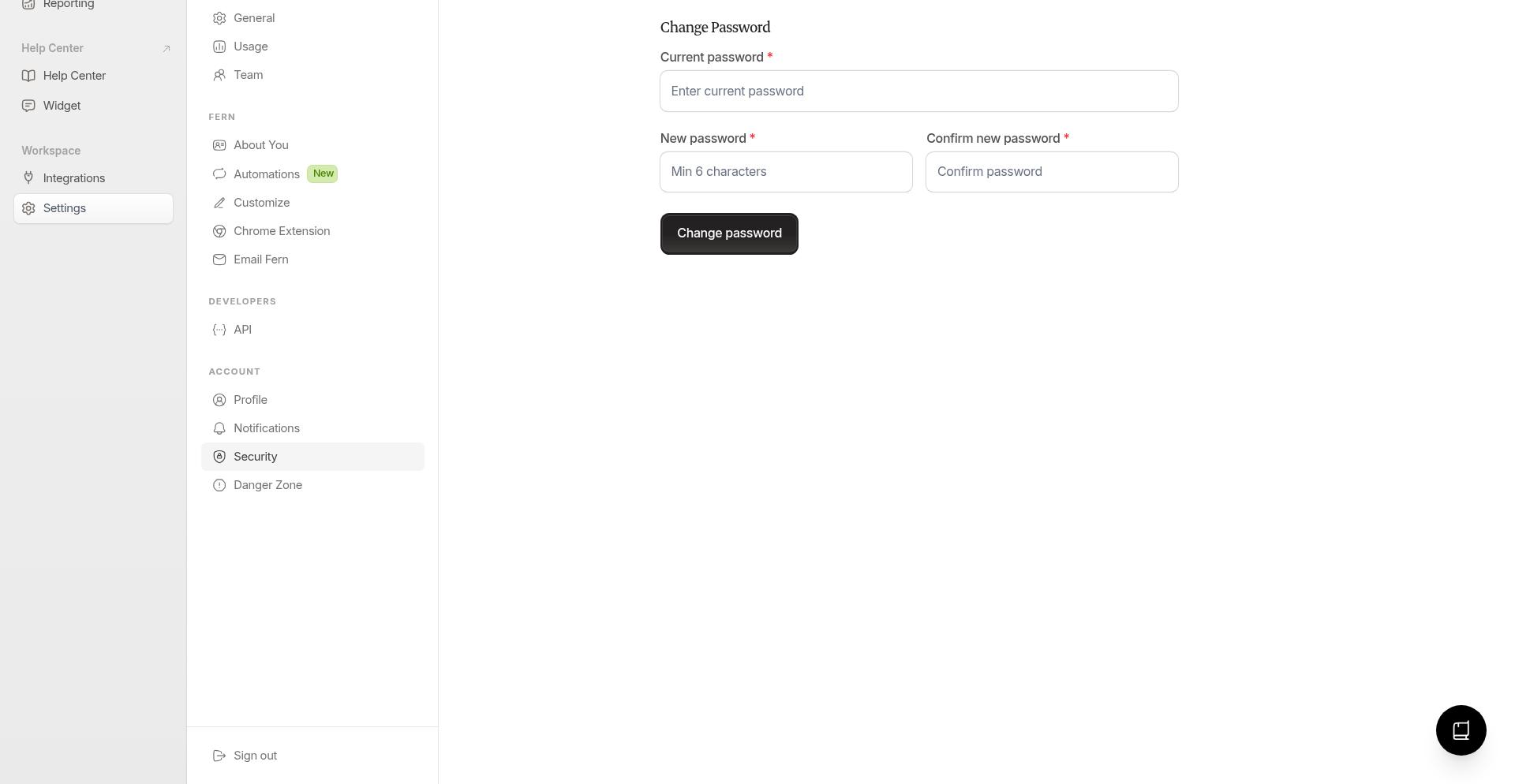 Change Password form with current, new, and confirm password fields