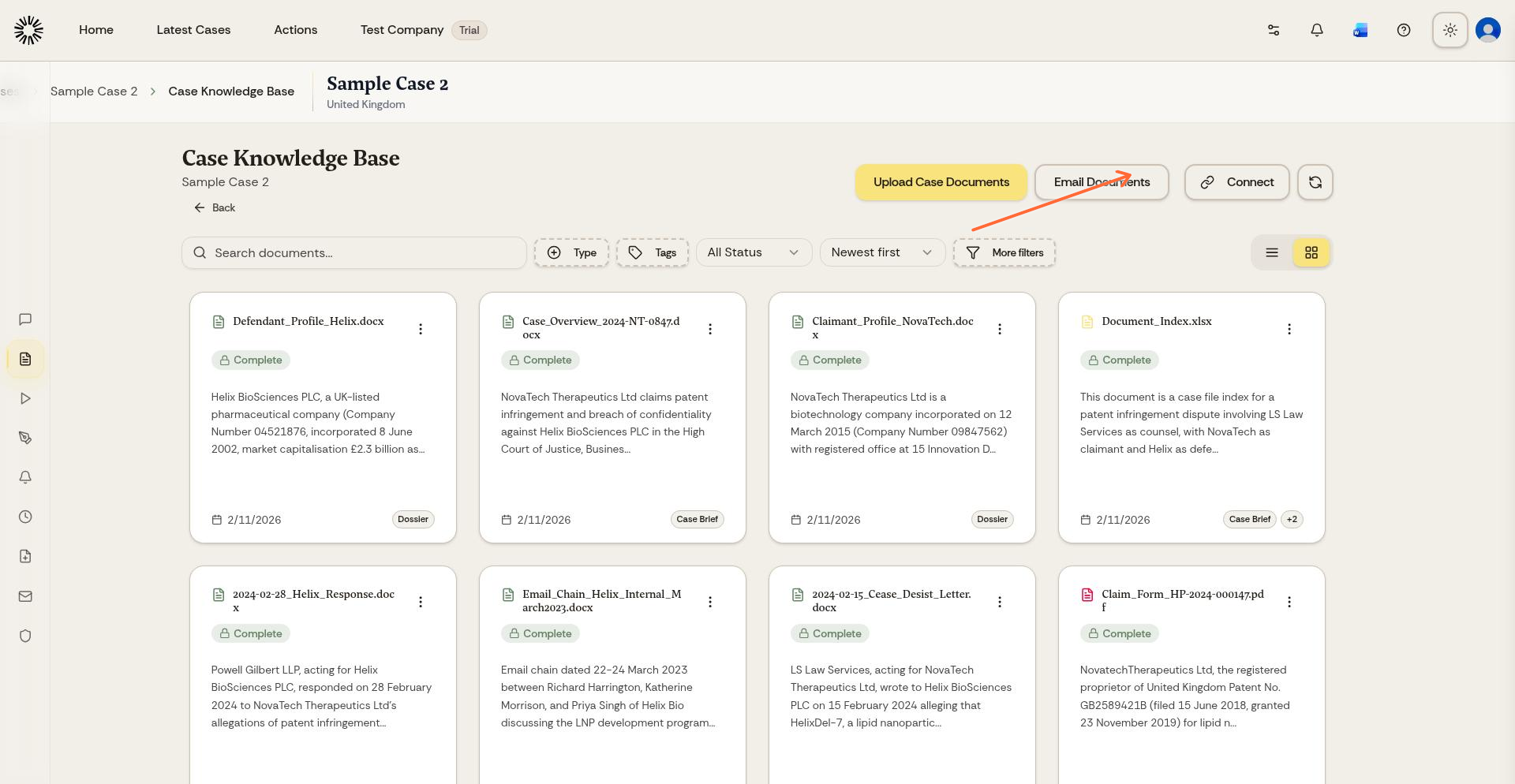 Connect button in the Documents section