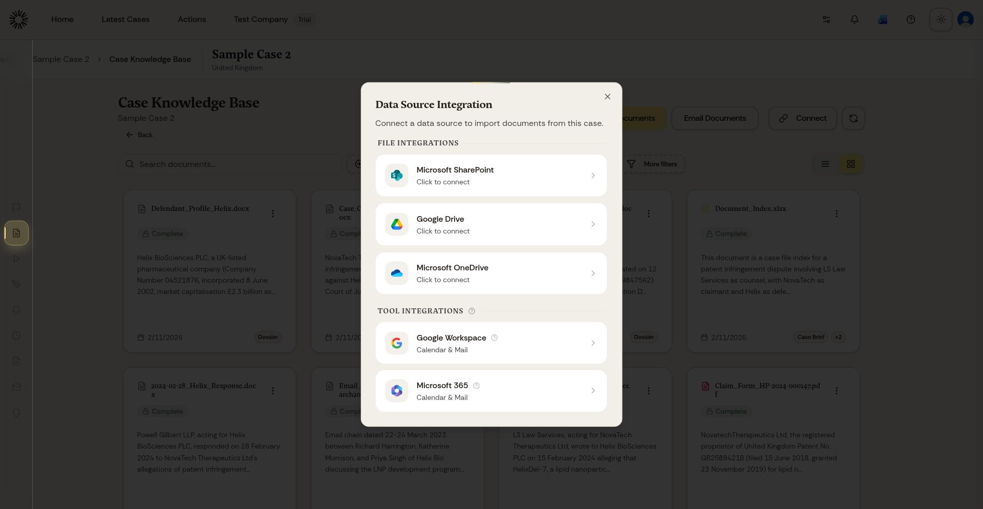 Data Source Integration modal showing Microsoft 365 option