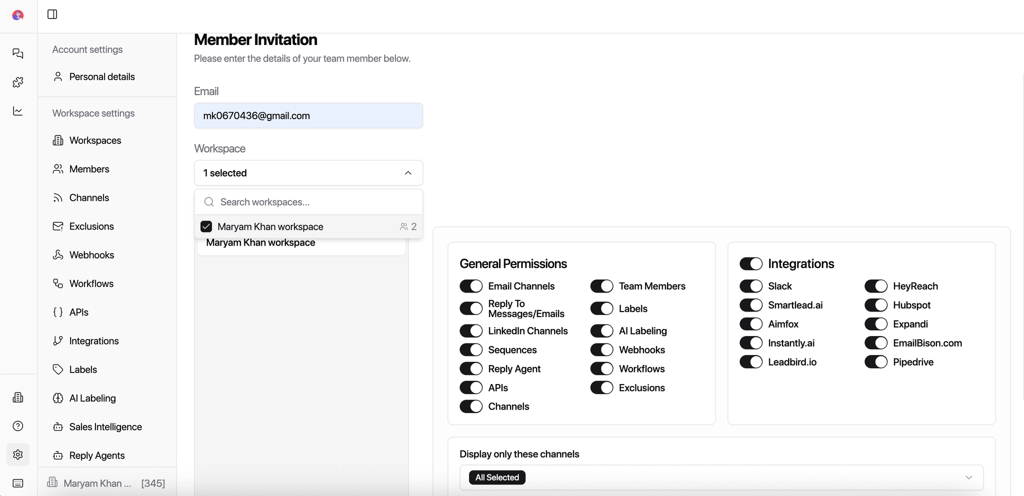 Enter member email and select workspace