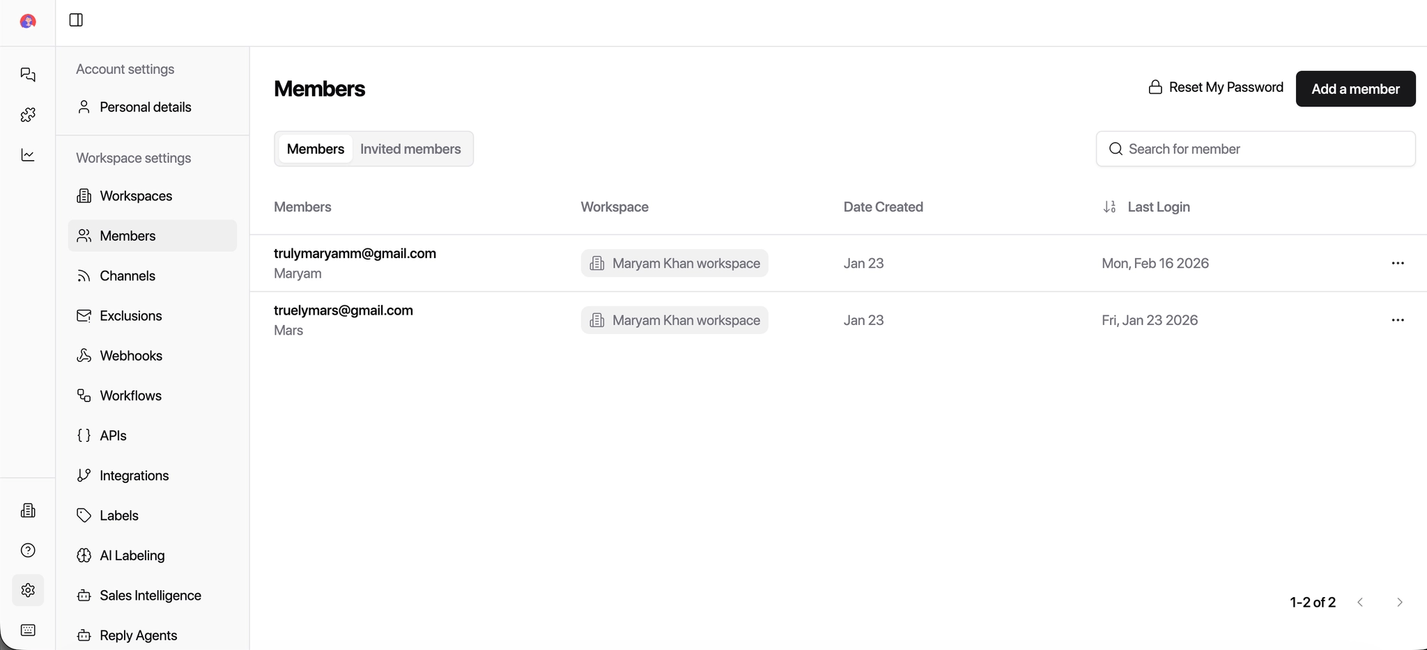 Settings Members section