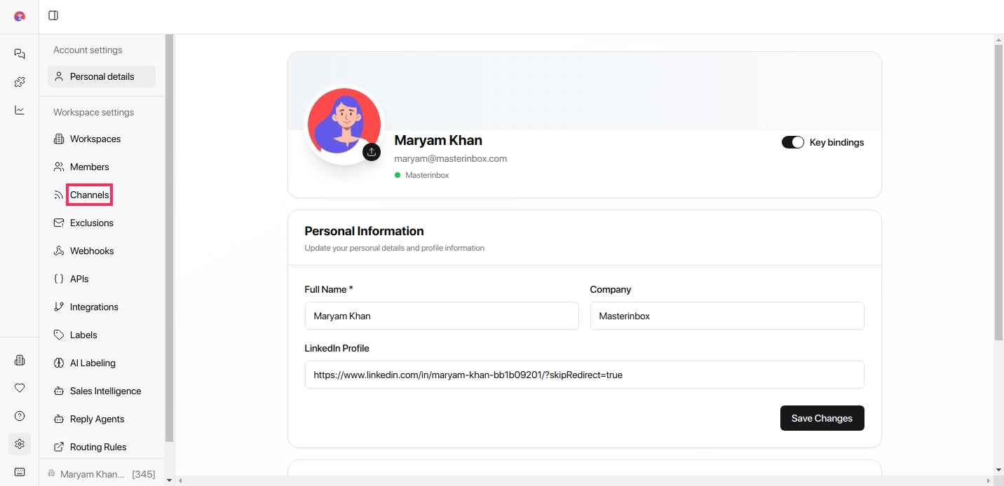 Channels option in left-hand menu