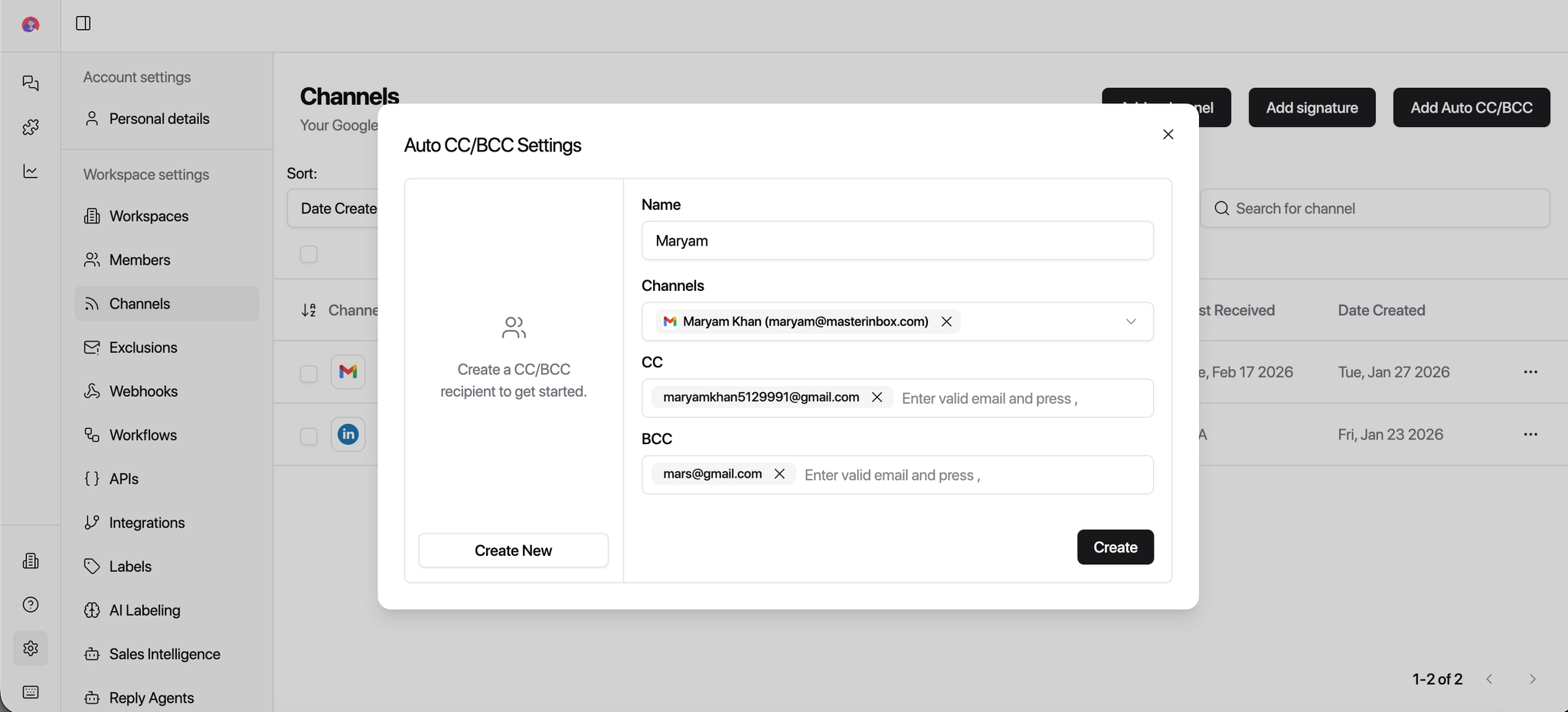 Add email addresses screenshot
