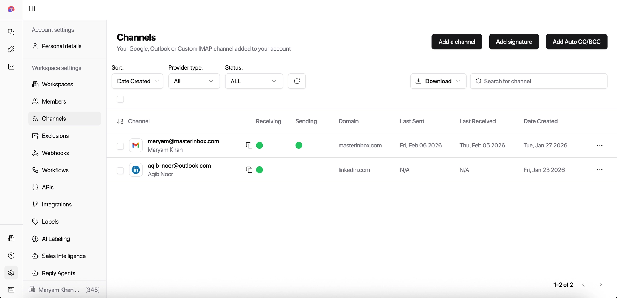 Workspace section screenshot