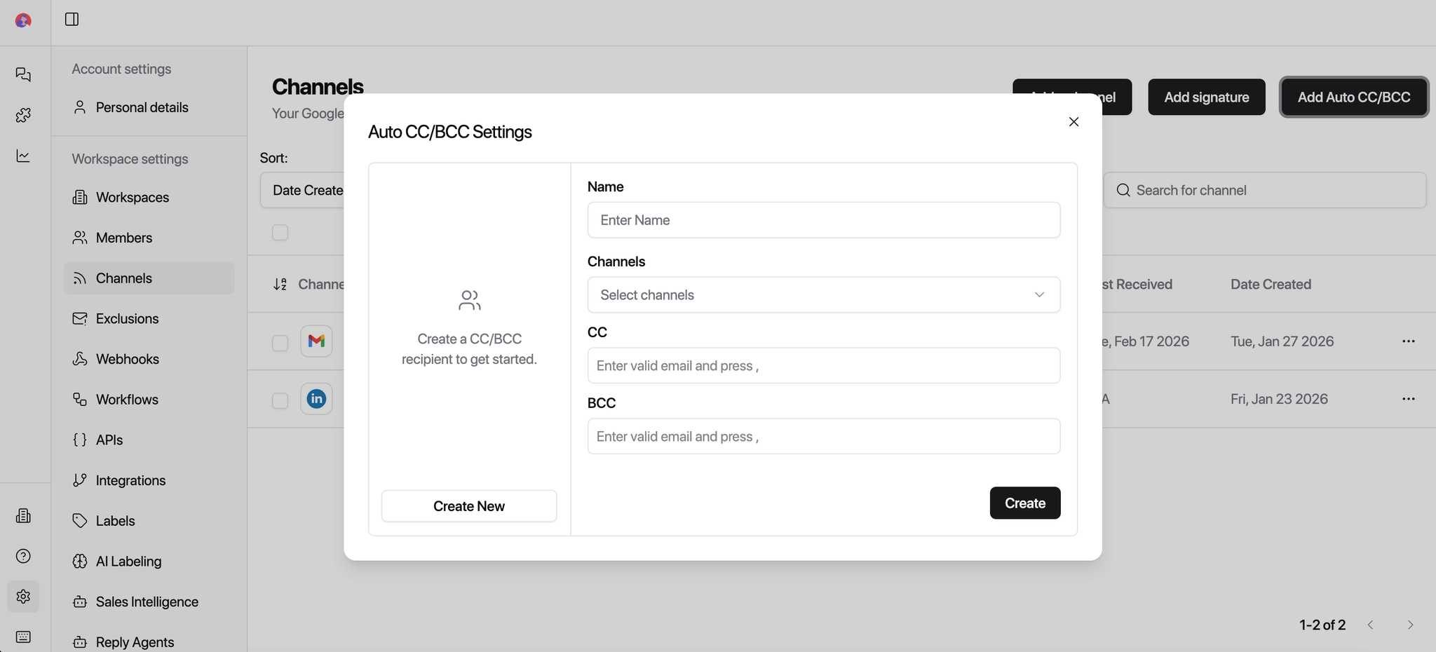Auto CC/BCC settings screenshot