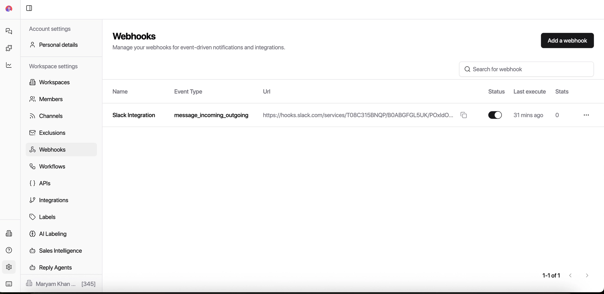 Webhooks settings page showing Add a webhook button
