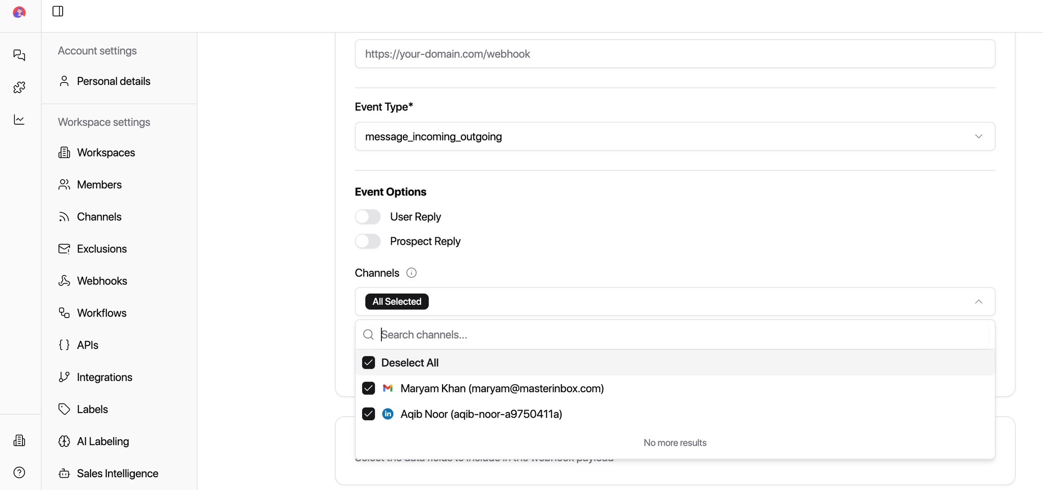 Channels dropdown showing available channels to select