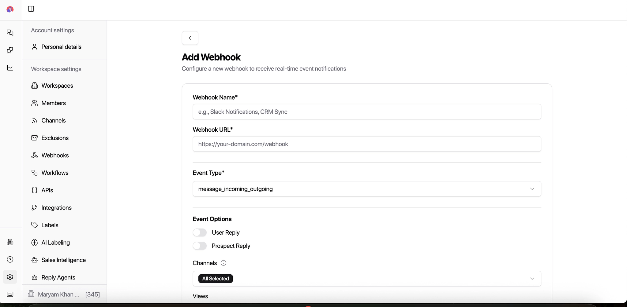 Add Webhook form with name, URL, event type, and trigger options