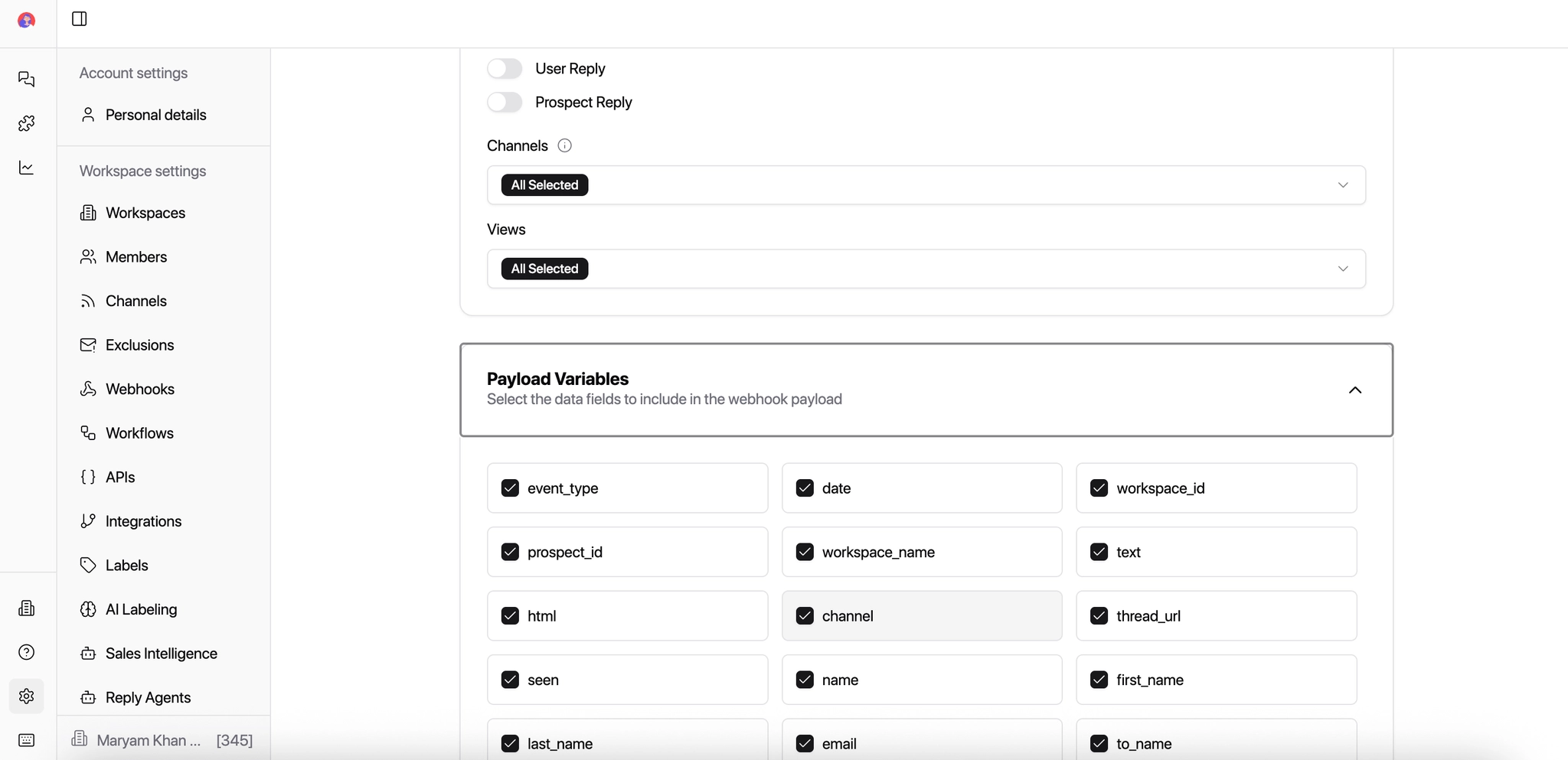 Payload Variables section showing data fields to include