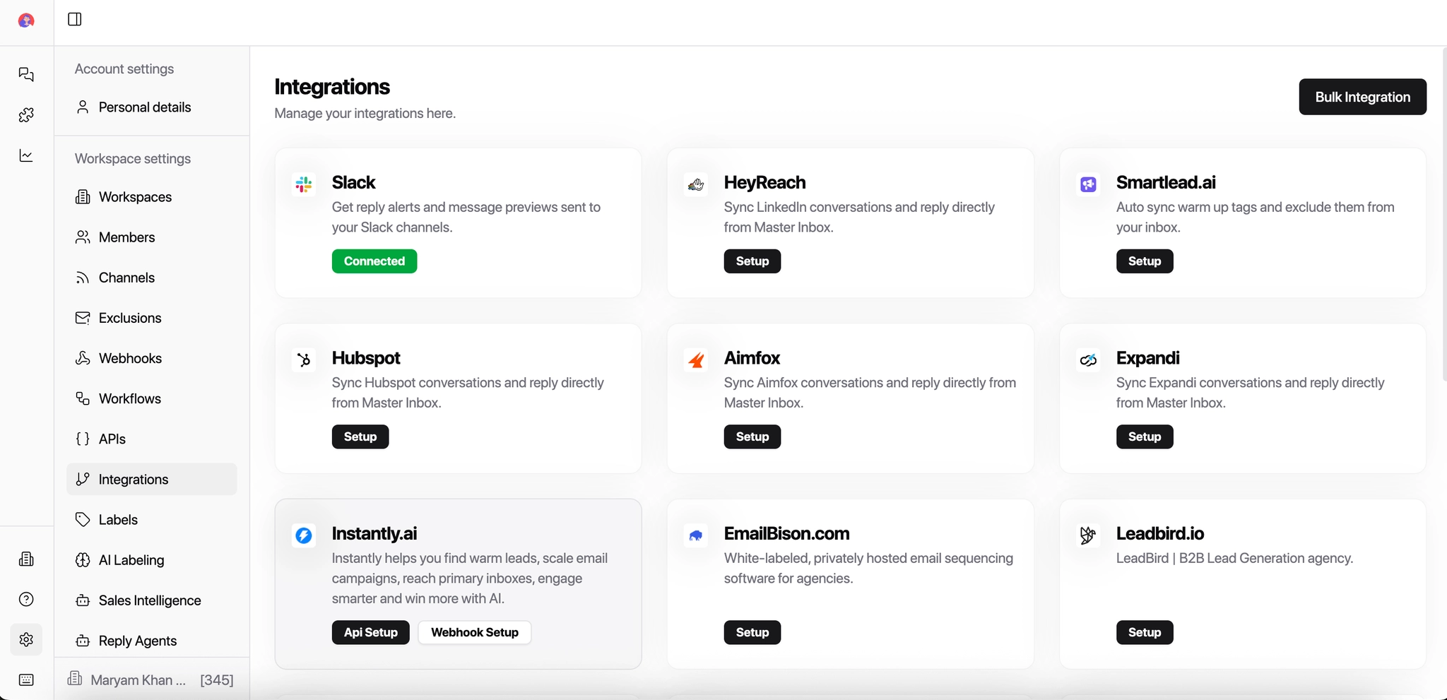 Integration settings page