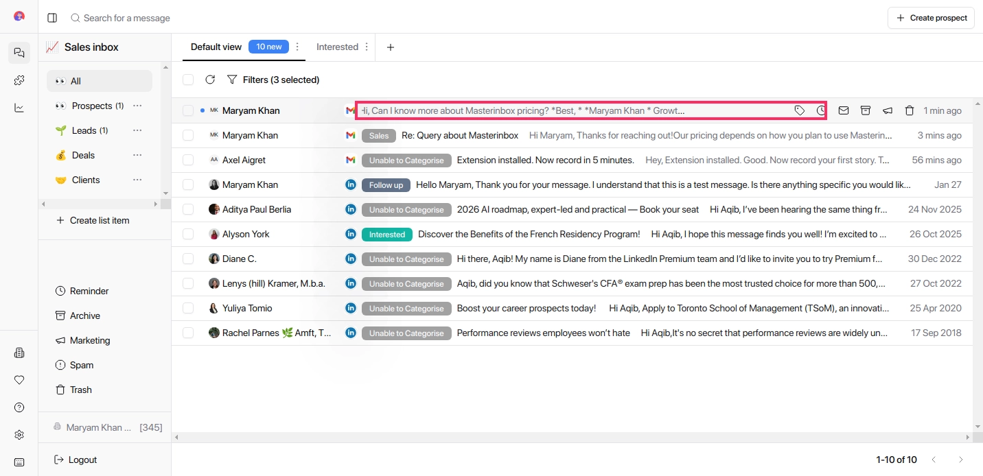 Inbox view with label filters