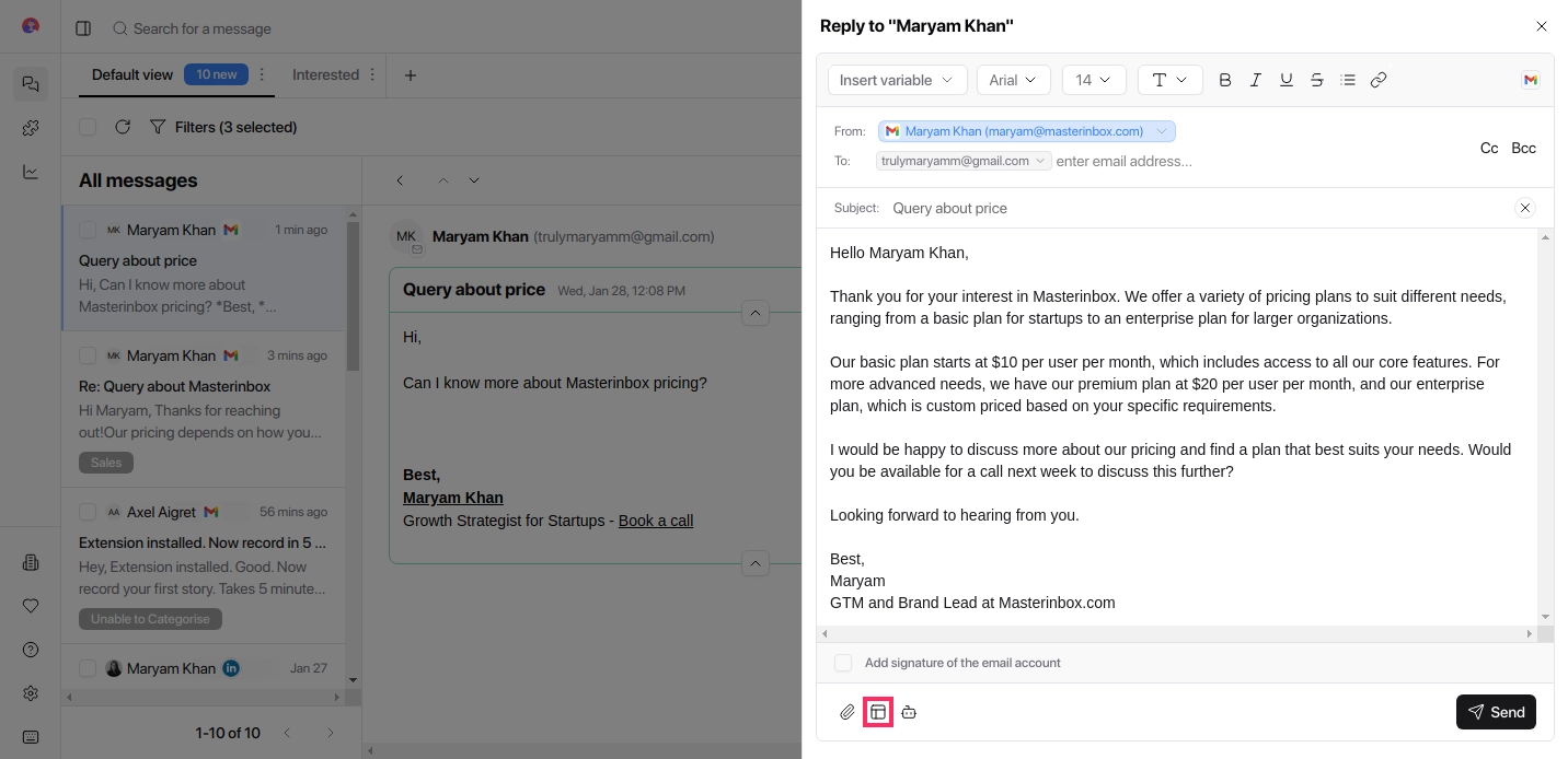 Reply composer window