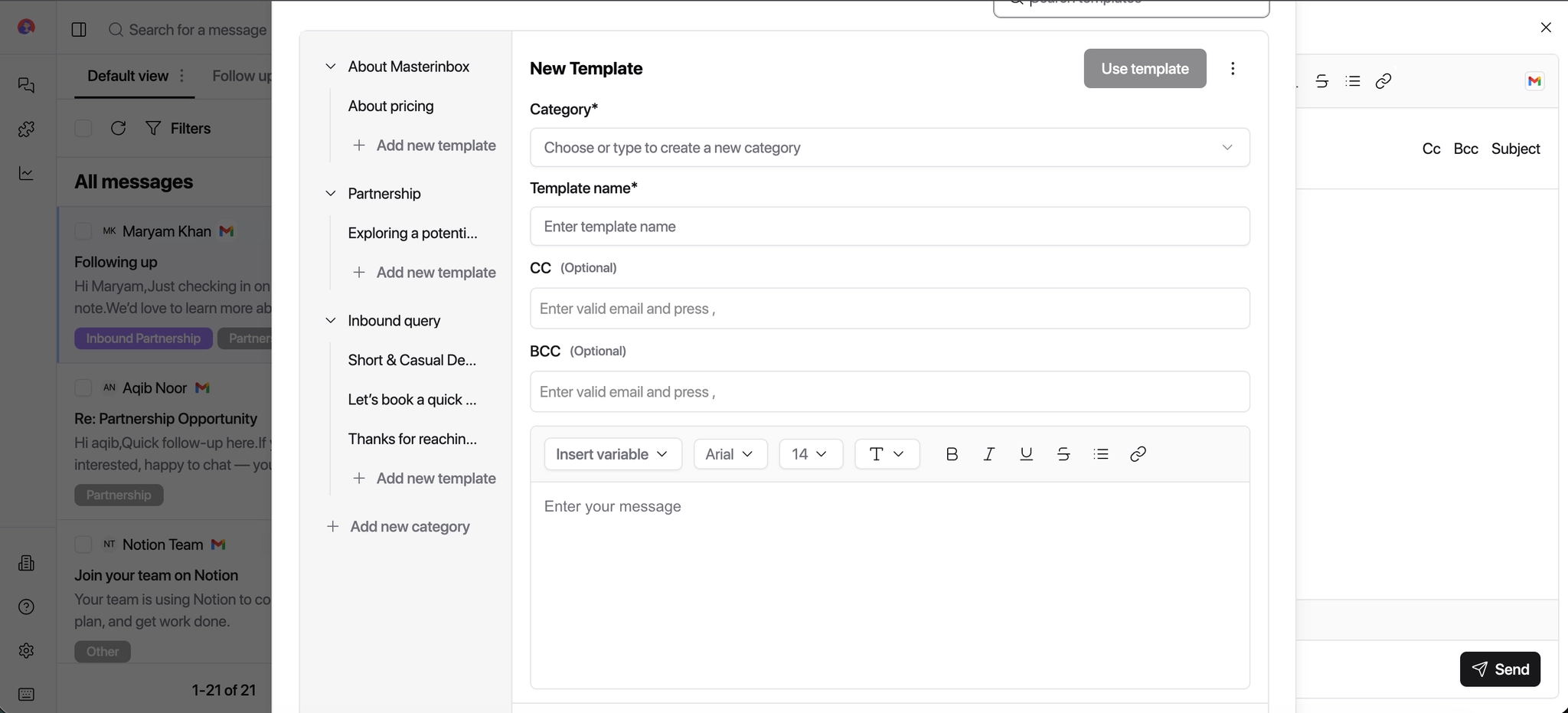 Add Category button for template organization