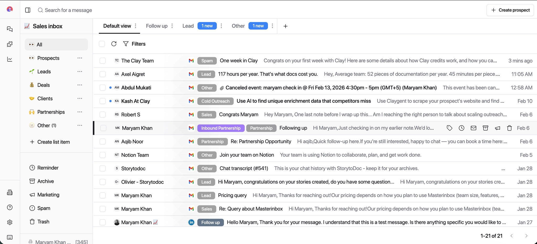 Inbox view showing message selection