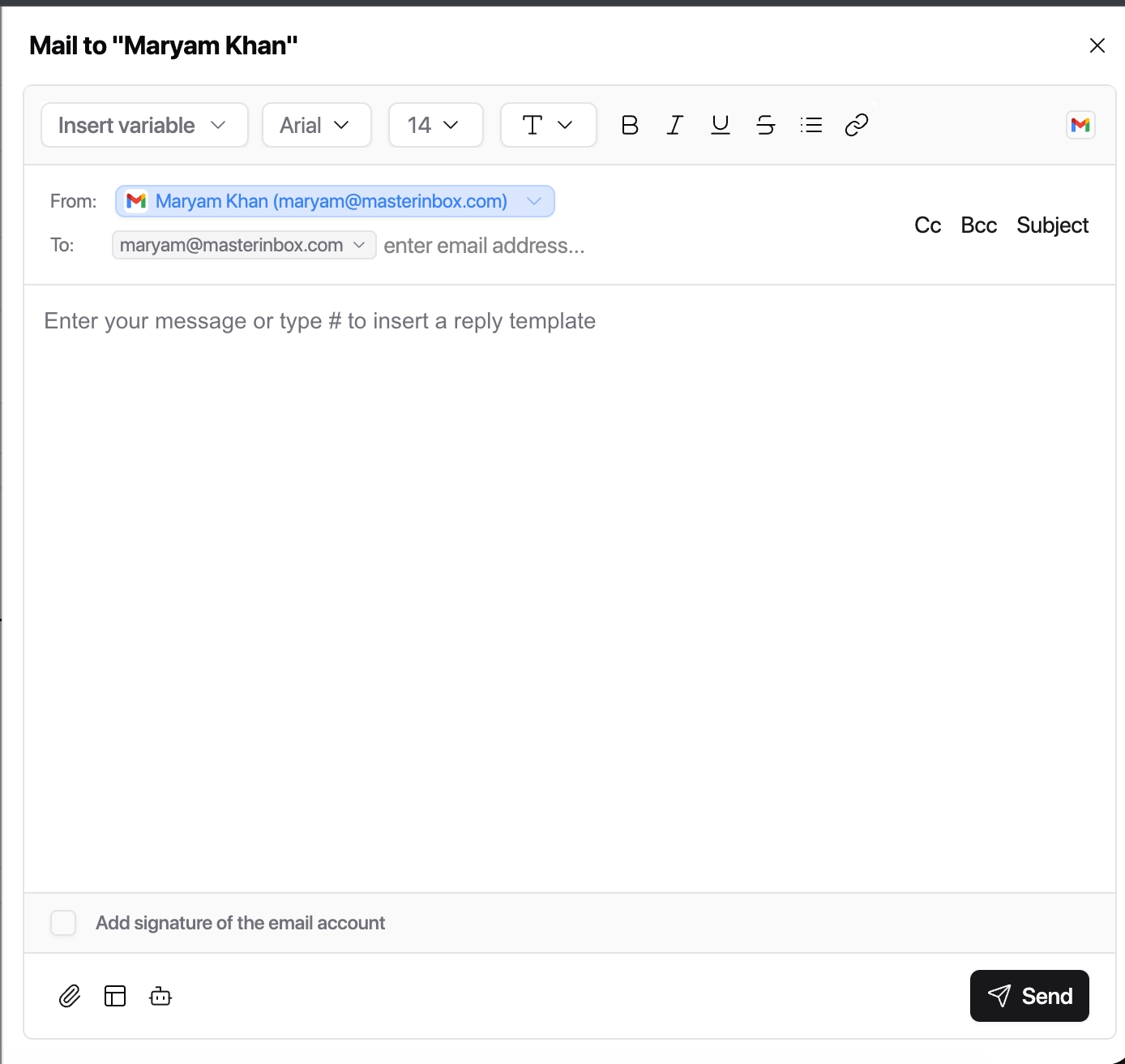 Insert Reply Template icon and hashtag shortcut