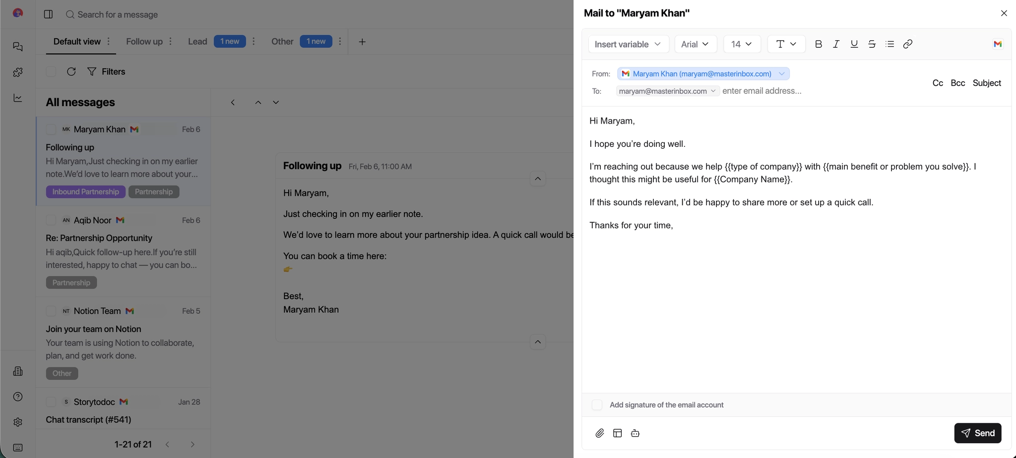 Editing template before sending