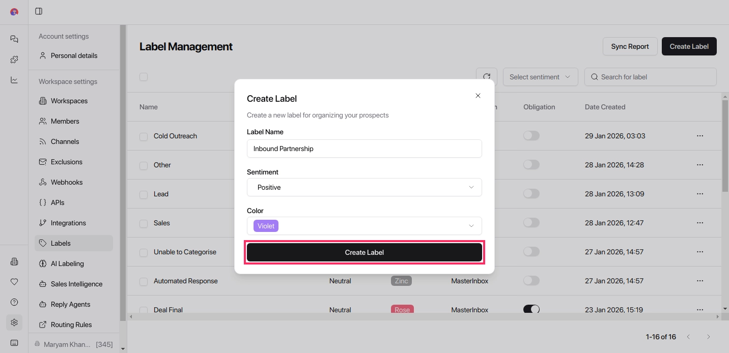 Create Label save button