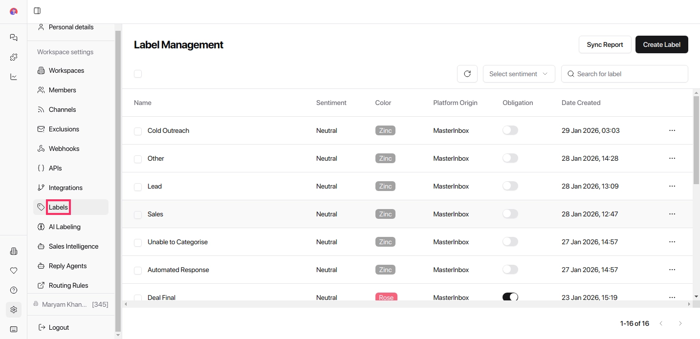Labels configuration page