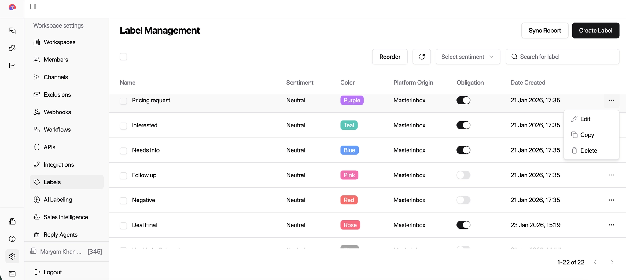 Edit or delete label menu