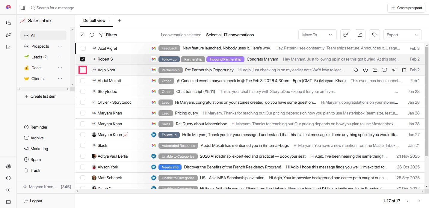 Select prospects with checkbox