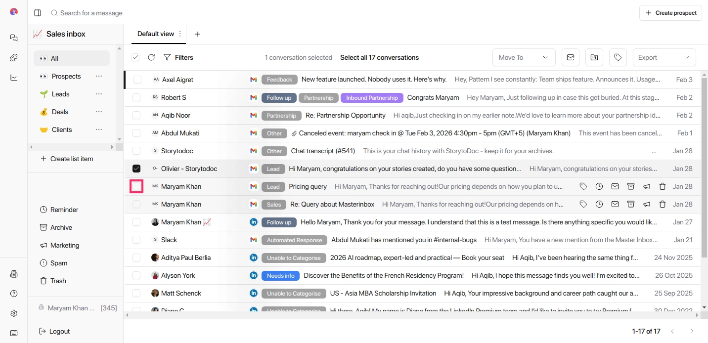 Select emails in inbox