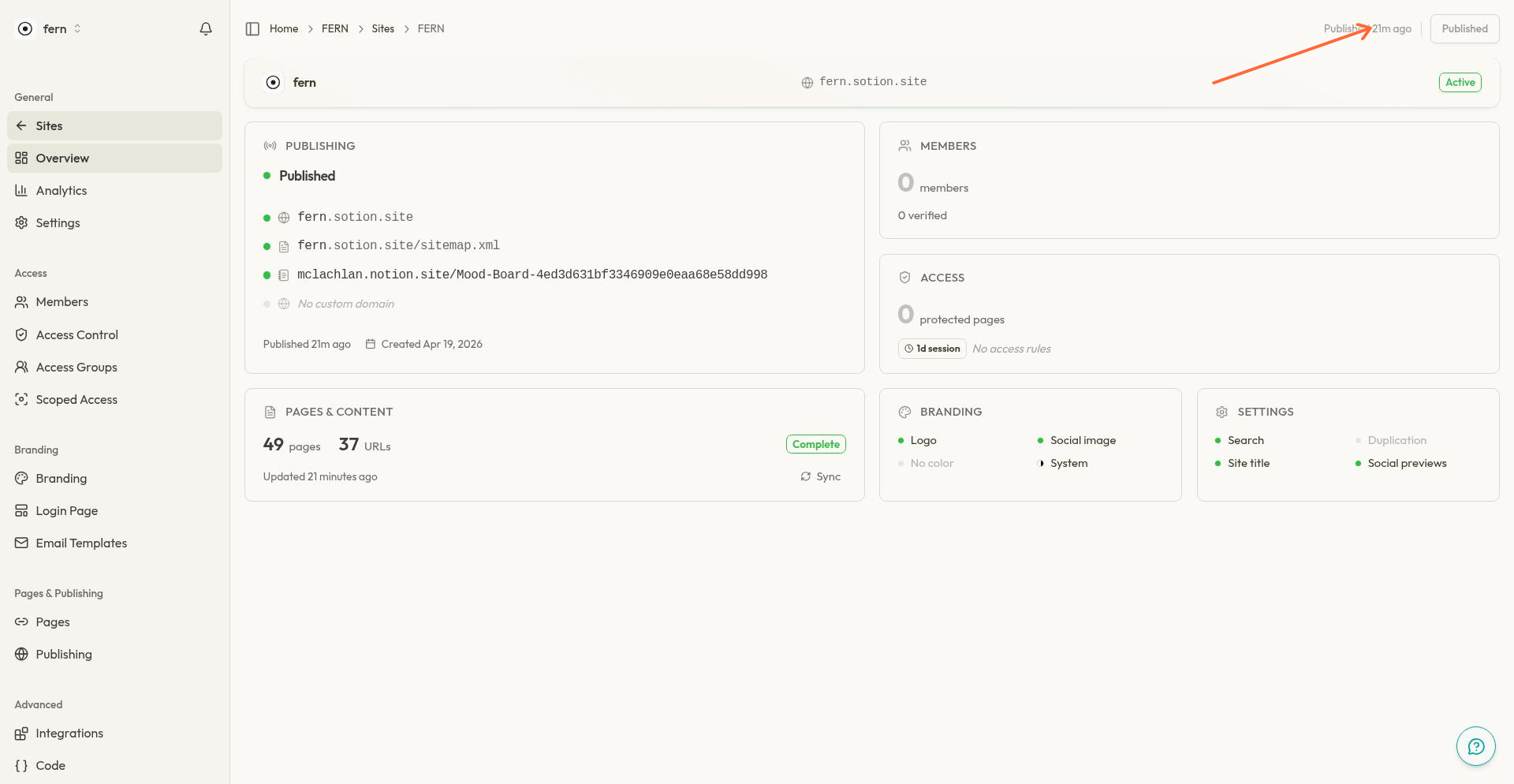 Publish header showing status and button