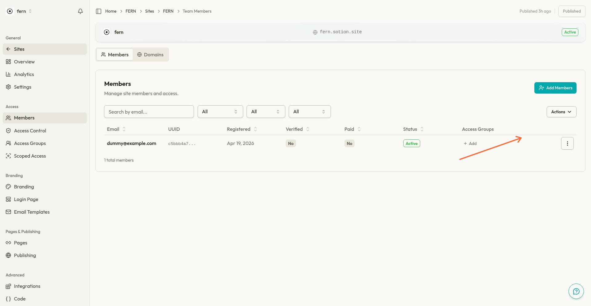Member row actions menu showing Edit member, Send magic link, and Delete member options