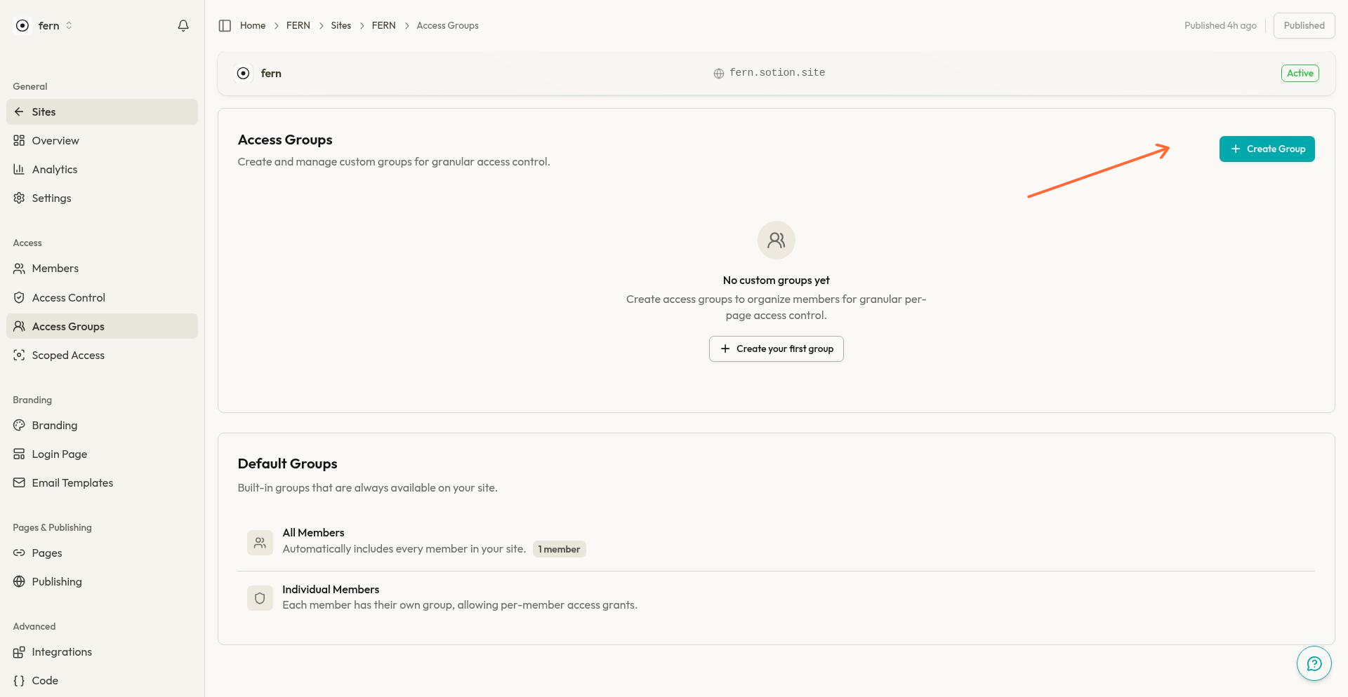 Access Groups page showing Create Group button and Default Groups section