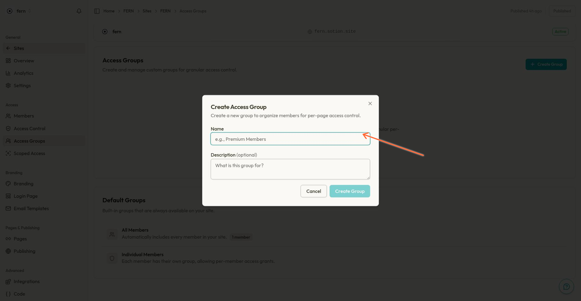 Create Access Group dialog with Name and Description fields